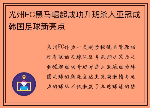 光州FC黑马崛起成功升班杀入亚冠成韩国足球新亮点